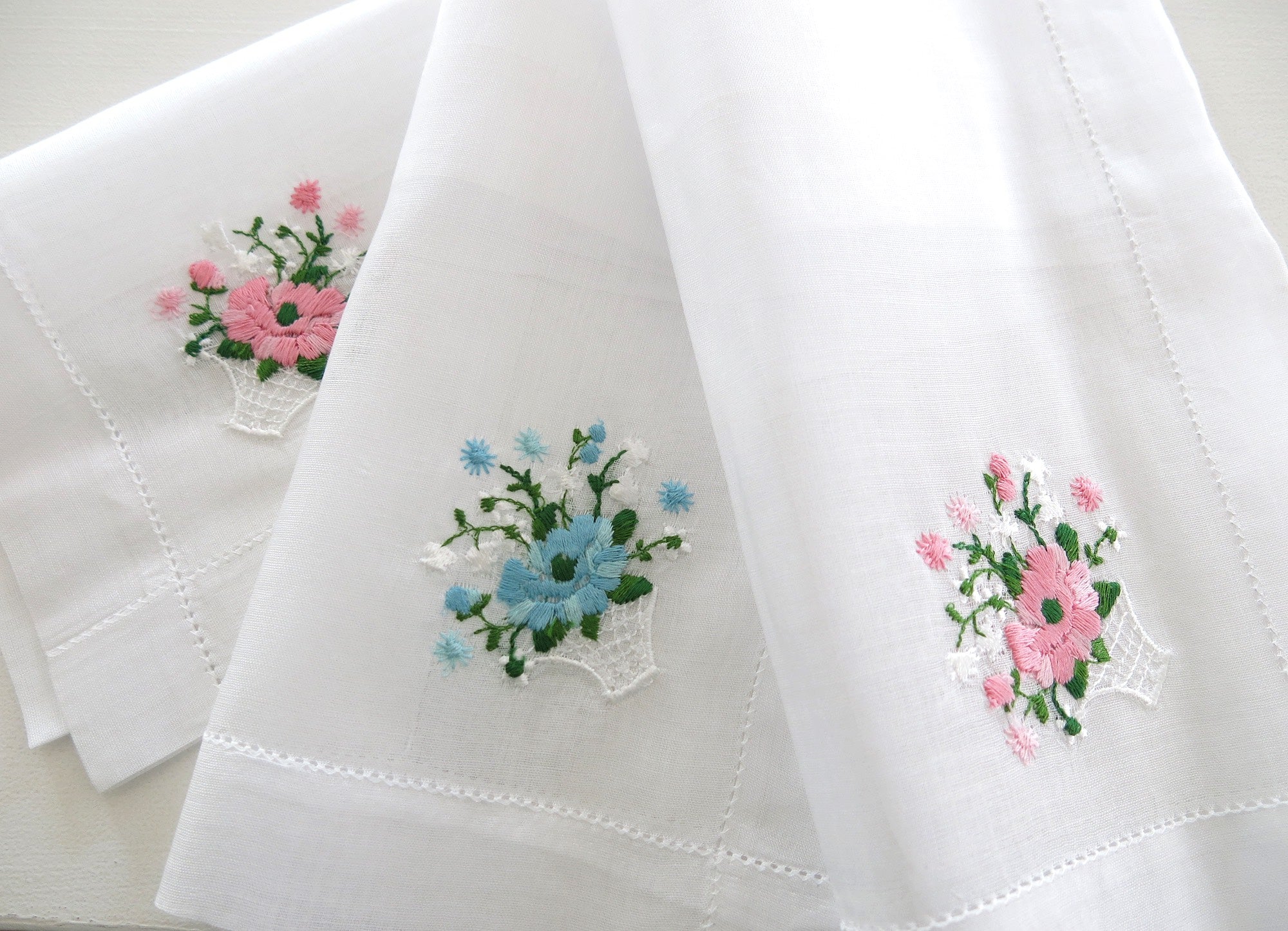 Swiss Made Cotton Handkercheif with Flower Basket Embroidery, set of 3