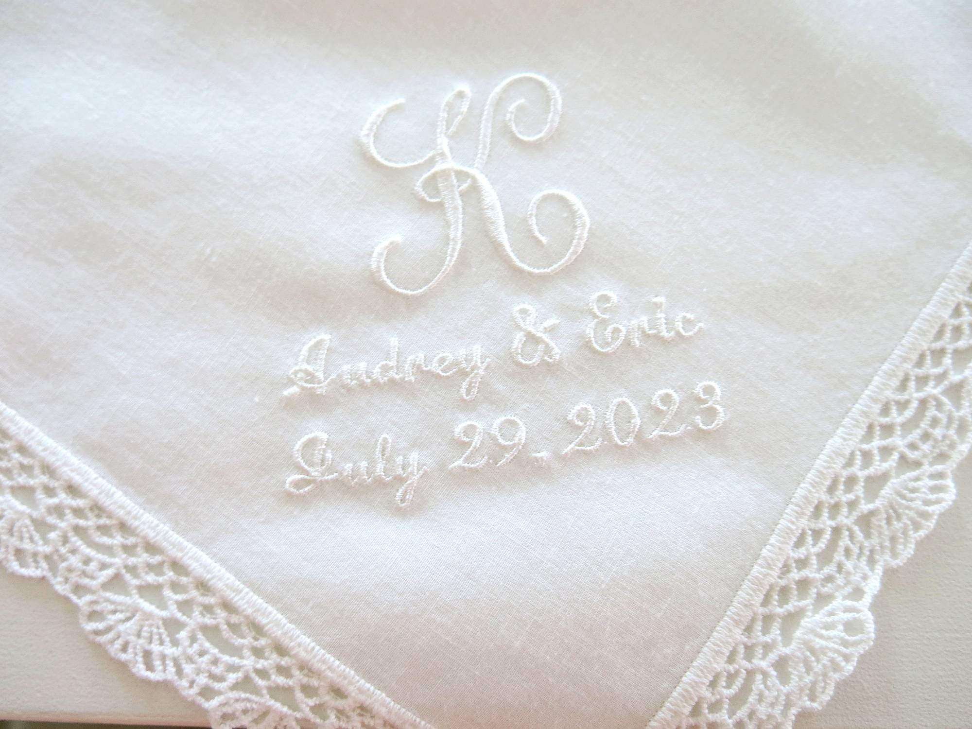 Embroidered Wedding Handkerchief with 1 Initial, Names & Date