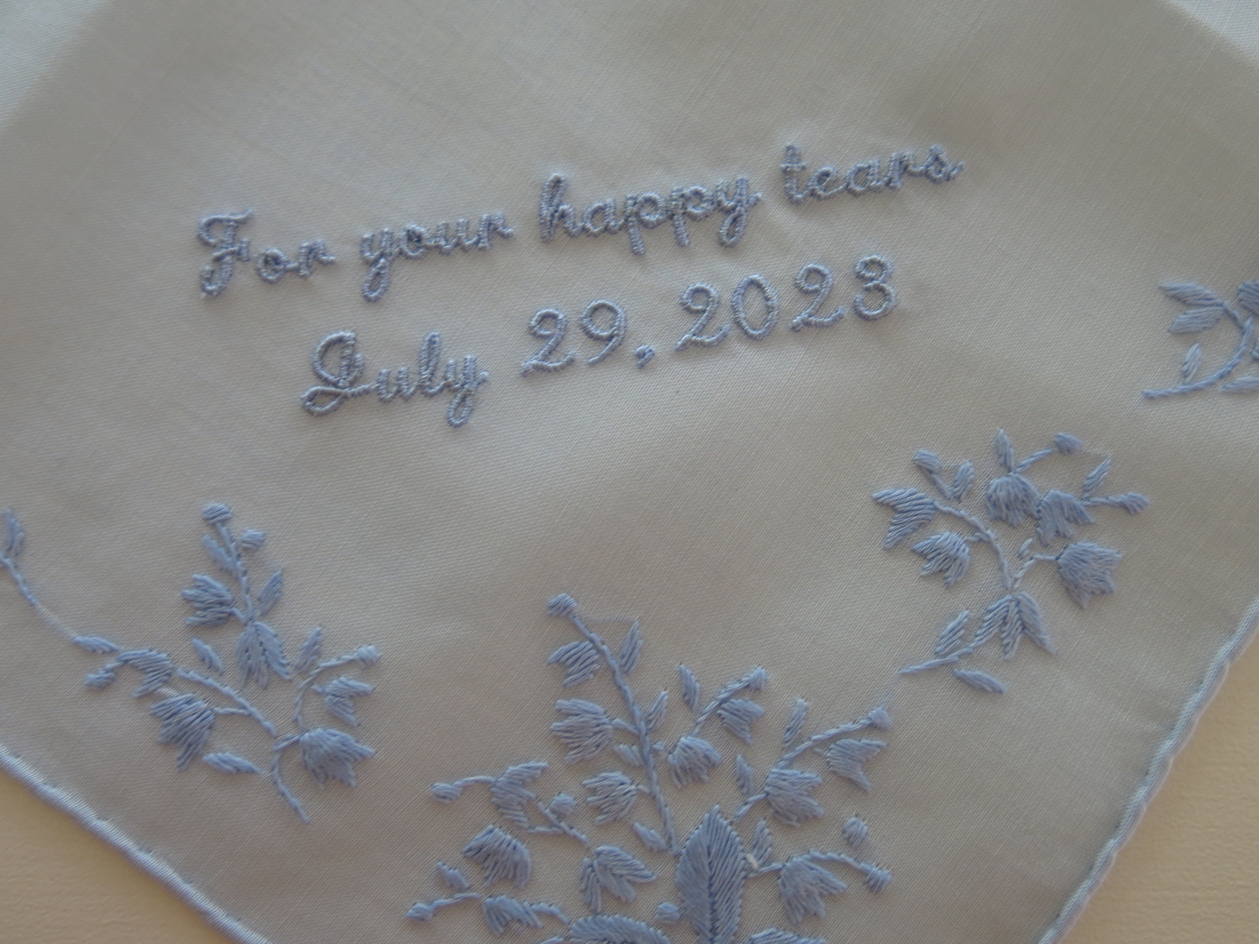 Blue Cotton Handkerchief with "For your happy tears and wedding date" embroiery