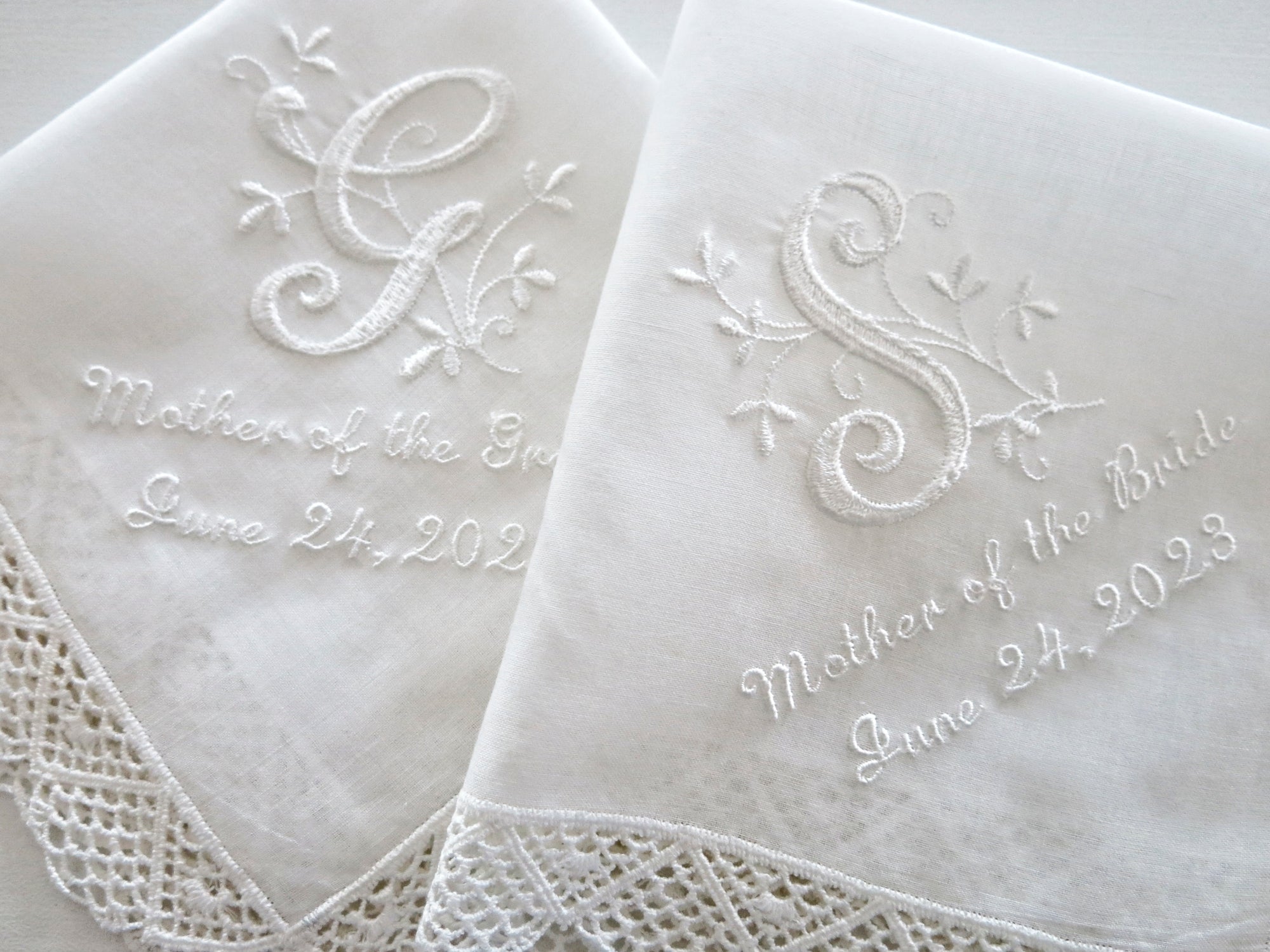 Lovely Wedding Handkerchief with Floral Design 1 Initial Monogram, Title & Date