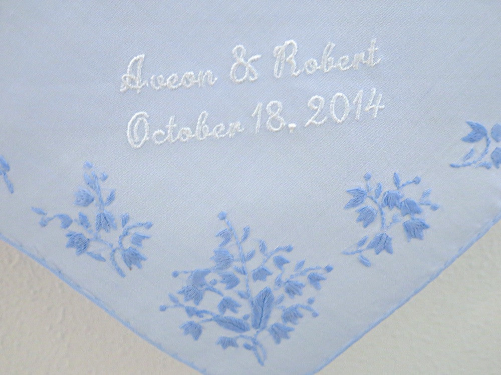 Blue Cotton with Corner Embroidery Handkerchief with Bride and Groom's Names and Date