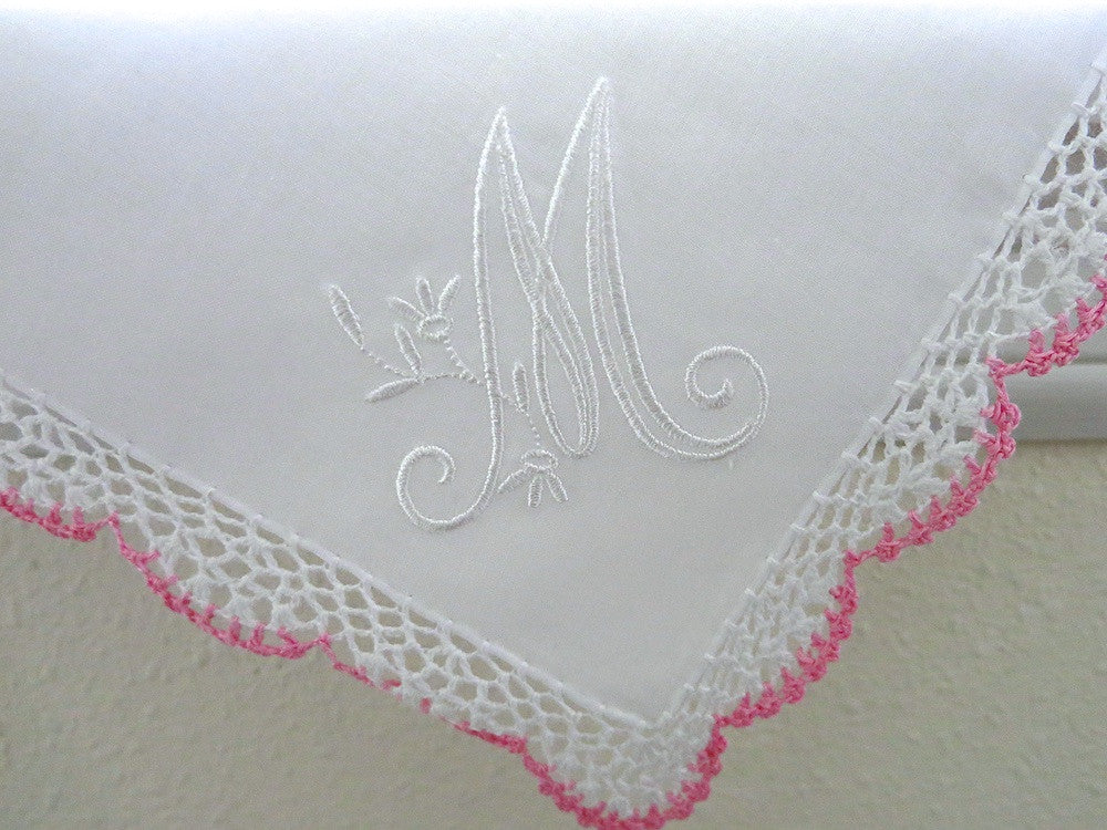 Wedding Handkerchief: Pink/White Crochet Lace Handkerchief with Peony Design 1 Initial Monogram