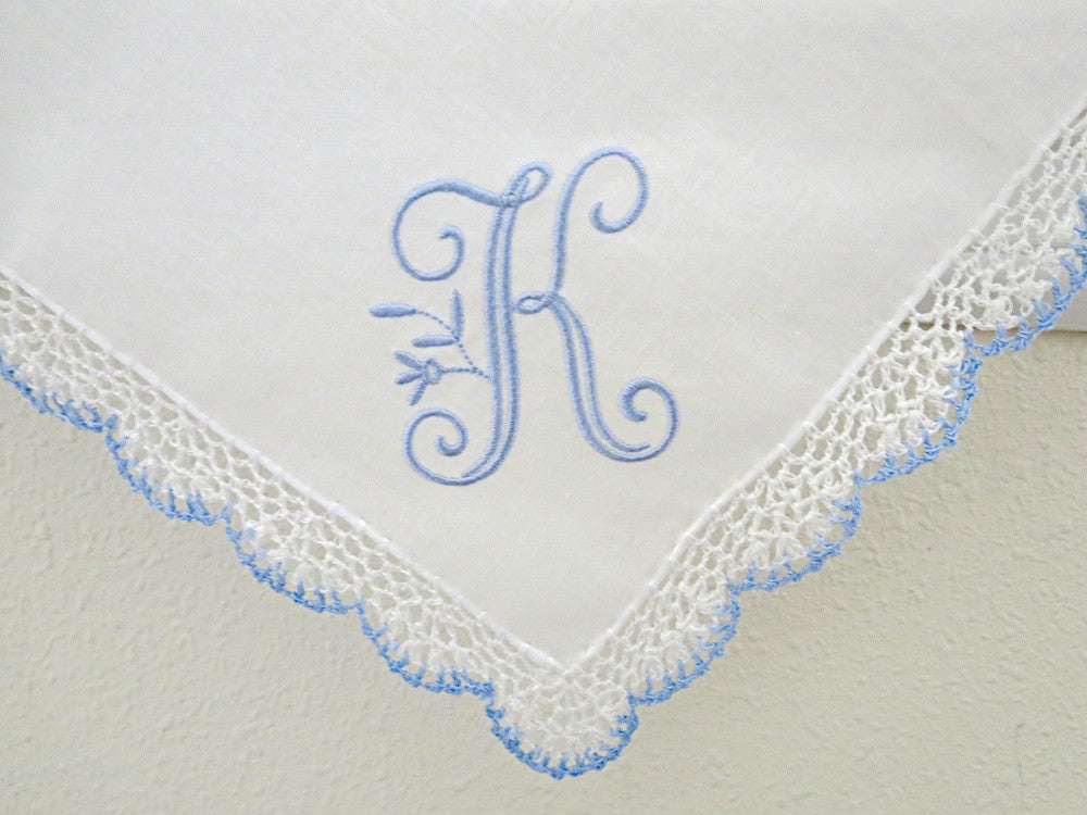 Wedding Handkerchief: Blue/White Crochet Lace Handkerchief with Peony Design 1 Initial Monogram