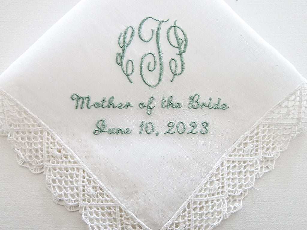 White Wedding Handkerchief for Mother of the Bride with 3 Initial Monogram, MOB and wedding date