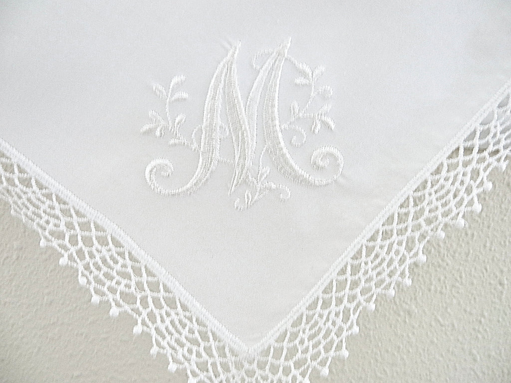 White Lace Handkerchief with Floral Design 1 Initial Monogram