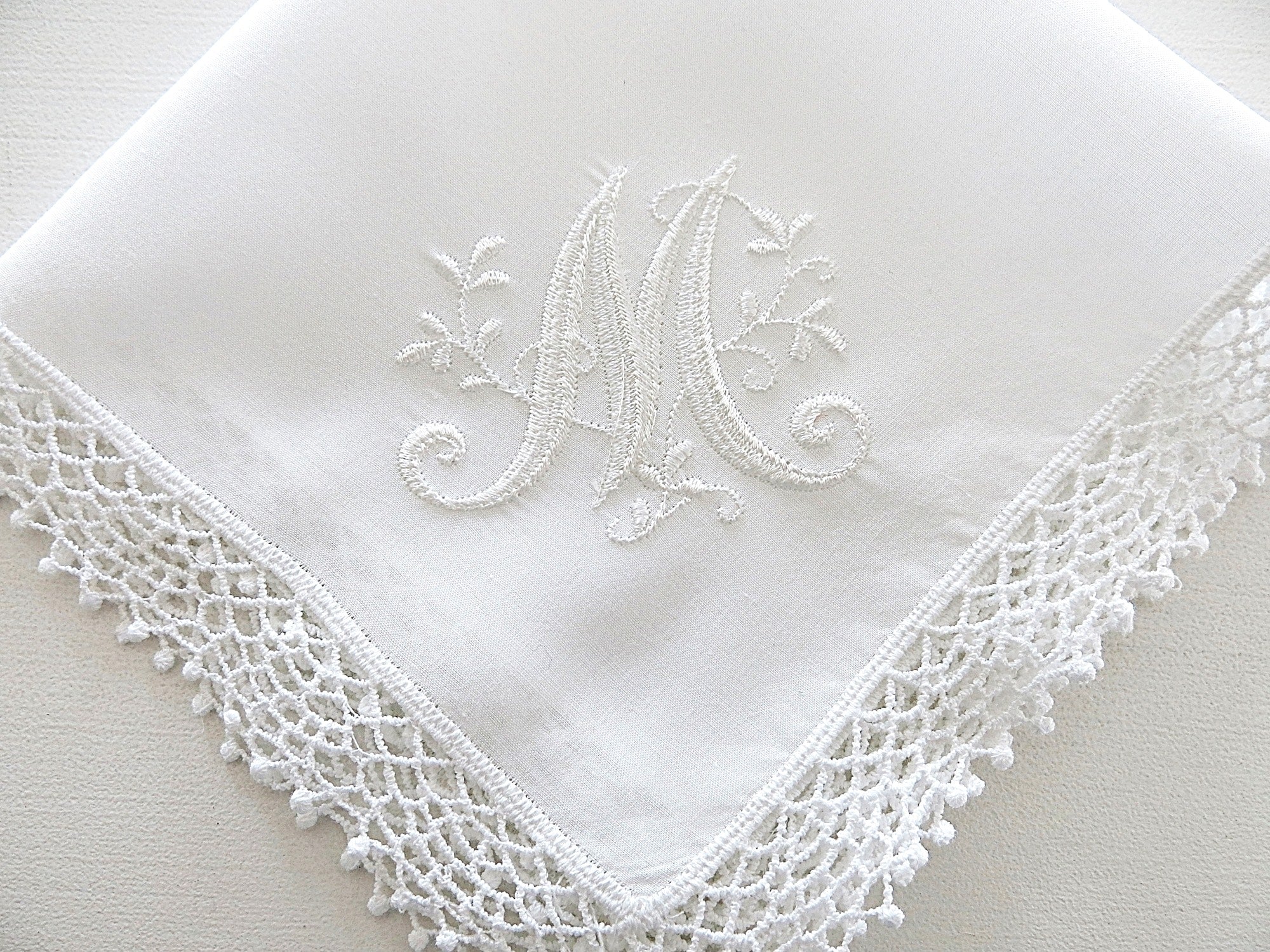 Pretty Wedding Handkerchief for the Bride with Floral Design 1 Initial Monogram & Date