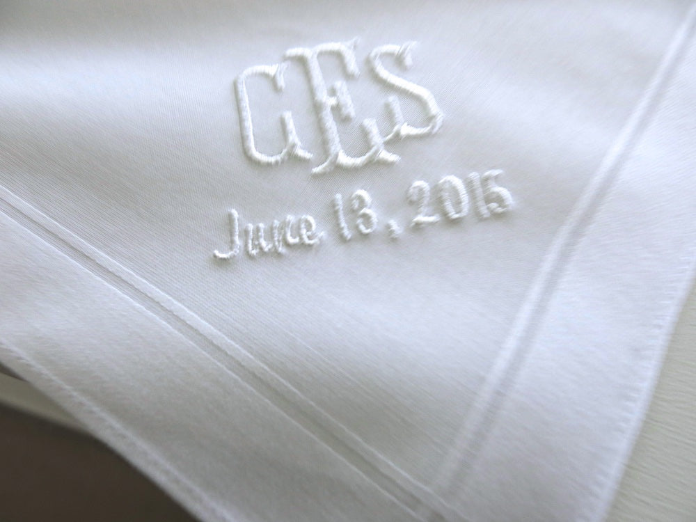 Mens Handkerchief with 3 Initial Monogram and Date