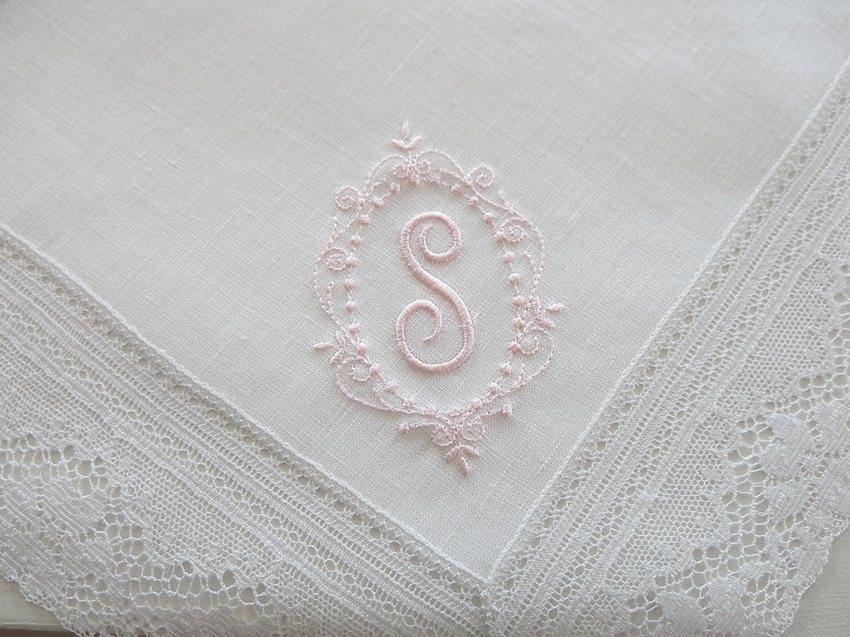 Irish Linen Lace Wedding Handkerchief with Princess Border Design 1 Initial Monogram