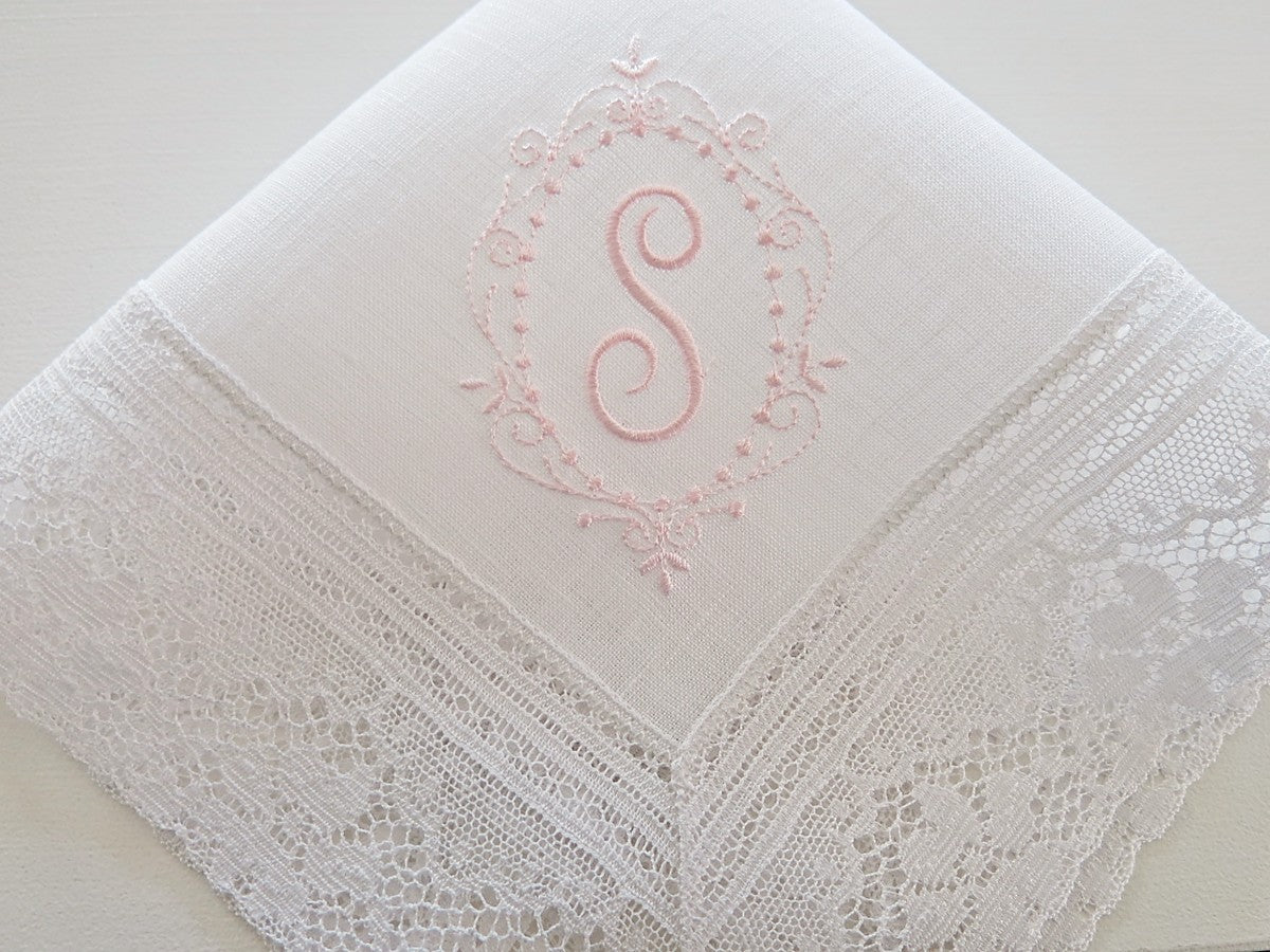 Irish Linen Lace Wedding Handkerchief with Princess Border Design 1 Initial Monogram