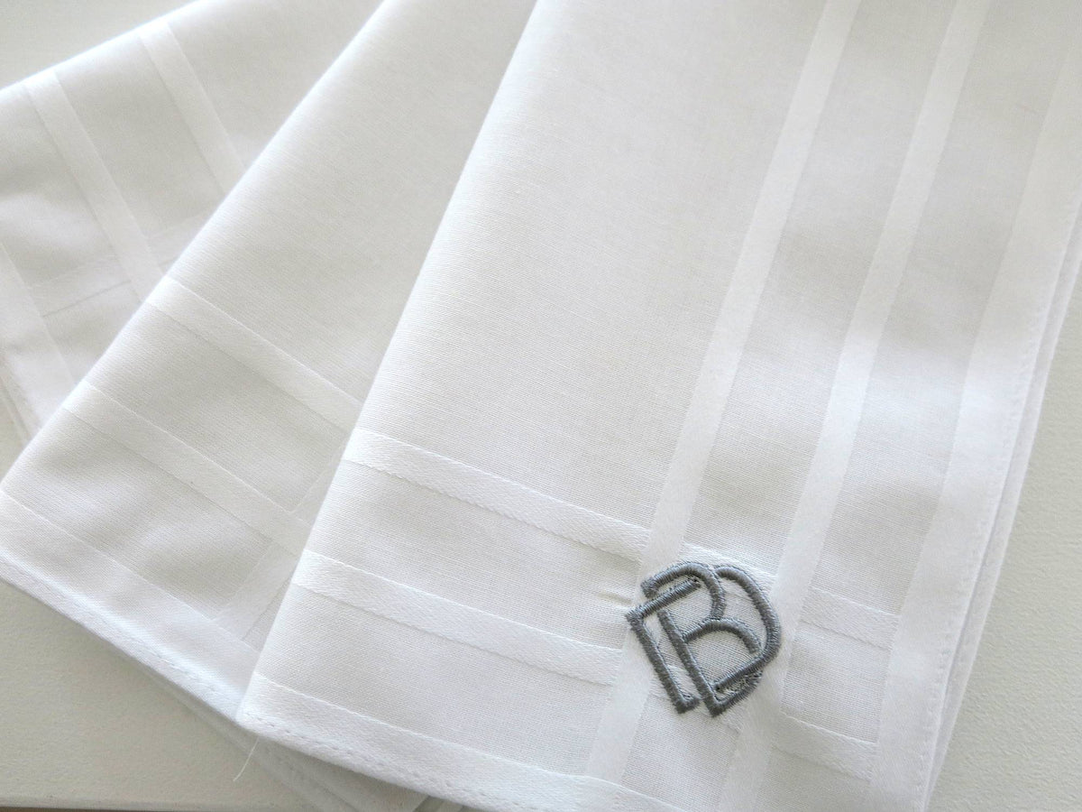 Set of 3 Fine Cotton Mens Monogrammed Handkerchiefs #221 with 2 Overlap Block Font Initials