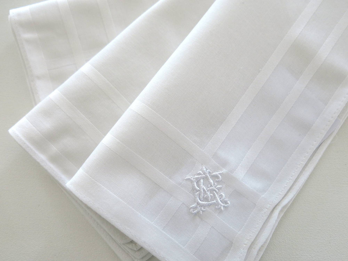 Set of 3 Fine Cotton Mens Monogrammed Handkerchiefs #221 with 2 Intertwined Initials