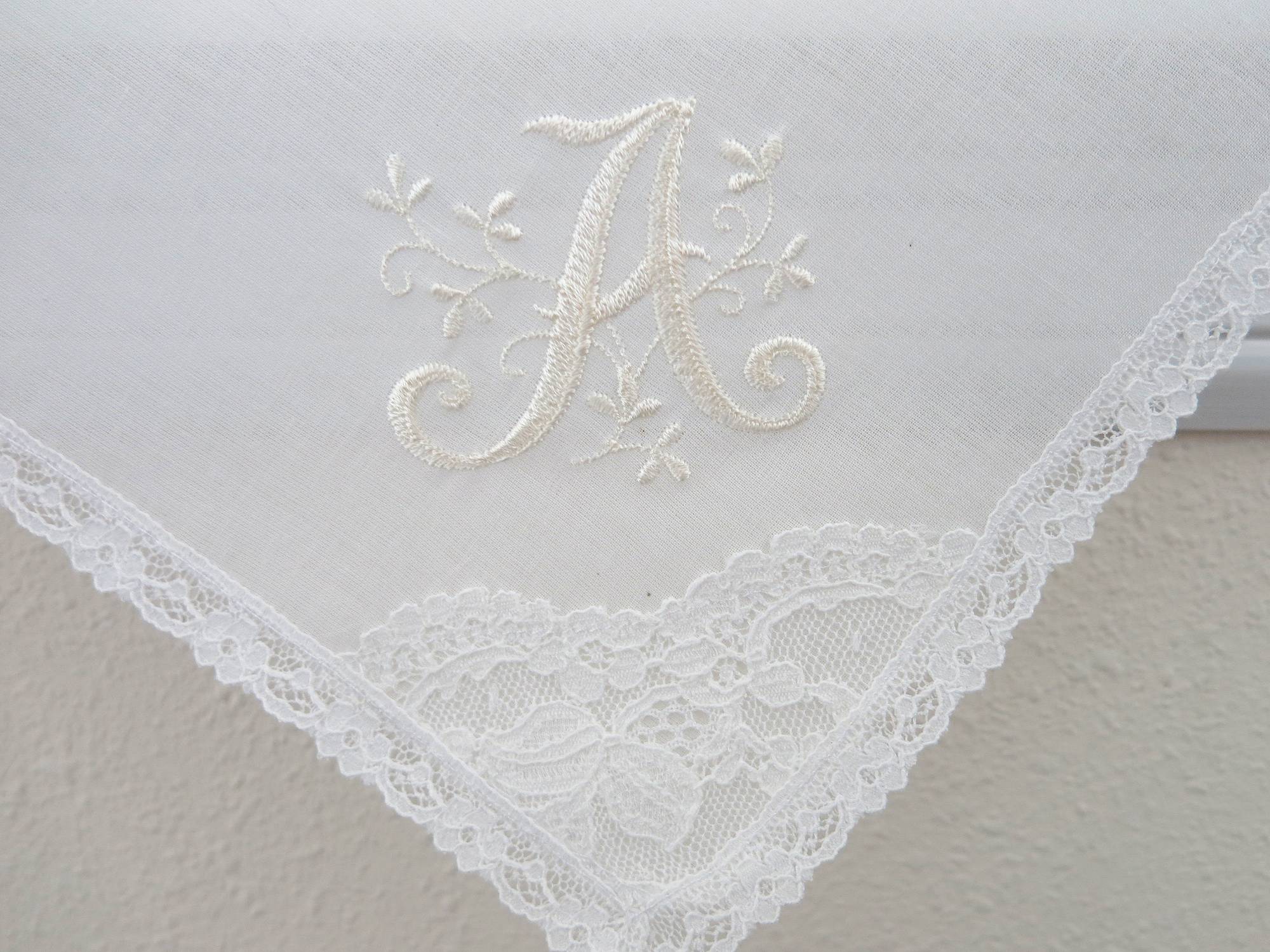 Ivory Bridal White Color Nottingham Lace Handkerchief with Floral Design 1 Initial Monogram, Handkerchief is Made in UK