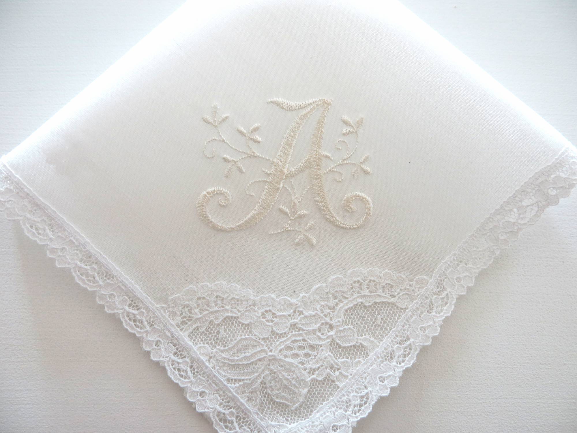 Ivory Bridal White Color Nottingham Lace Handkerchief with Floral Design 1 Initial Monogram, Handkerchief is Made in UK