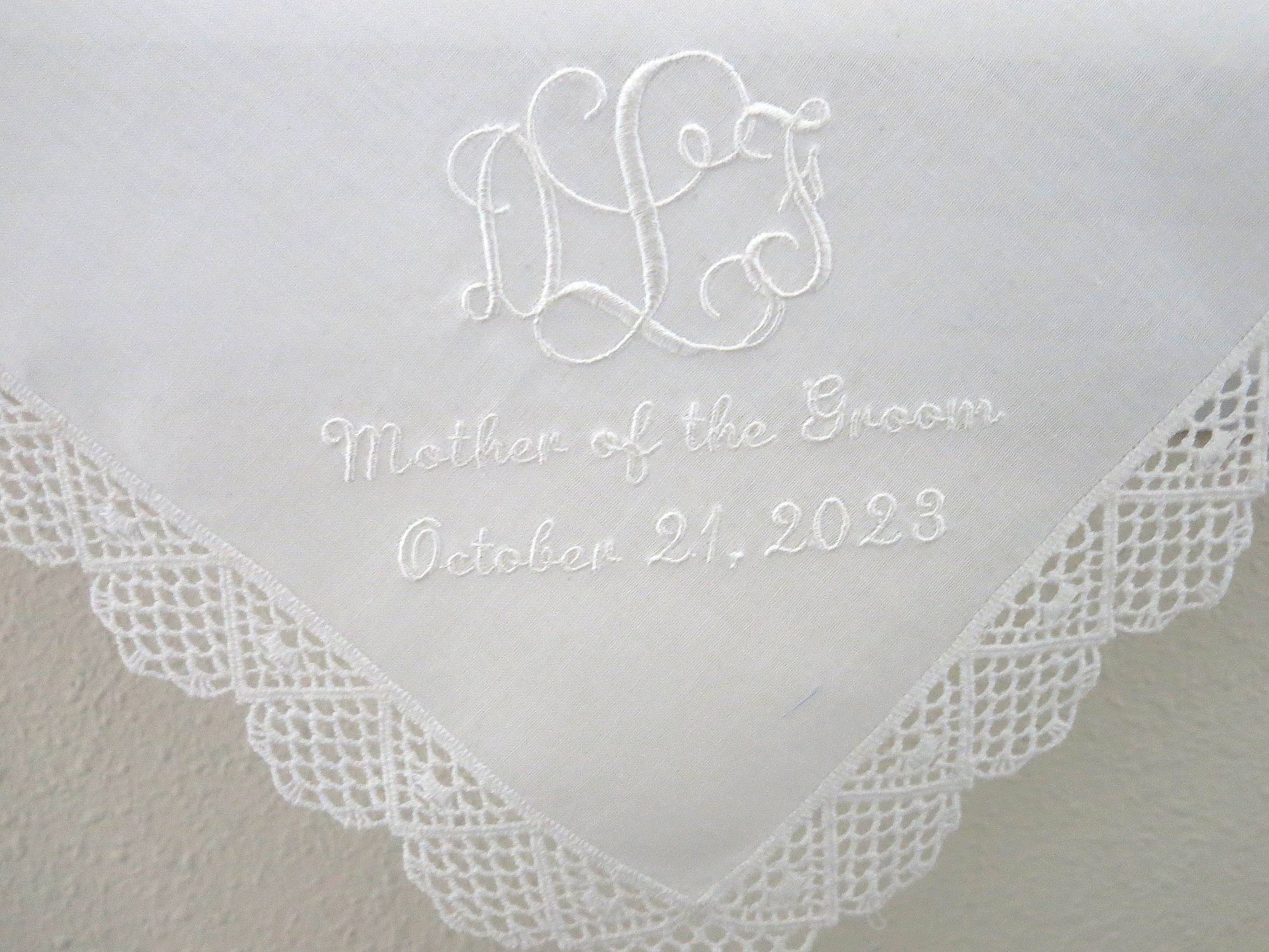 White Wedding Handkerchief with Interlocking 3 Initial Monogram for Mother of the Bride/groom