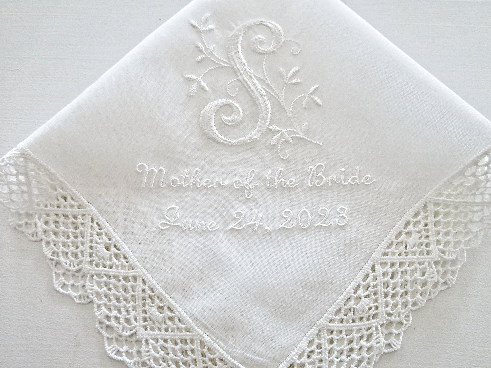 Lovely Wedding Handkerchief with Floral Design 1 Initial Monogram, Title & Date