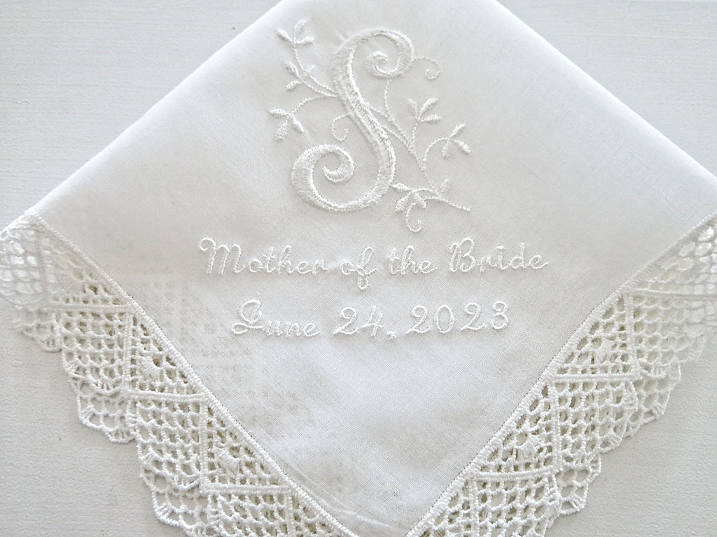 Lovely Wedding Handkerchief with Floral Design 1 Initial Monogram, Title & Date