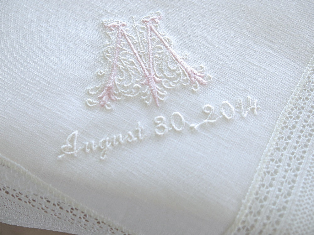 White Irish Linen Daisy Lace Handkerchief with Classic Zundt 1 Initial Monogram