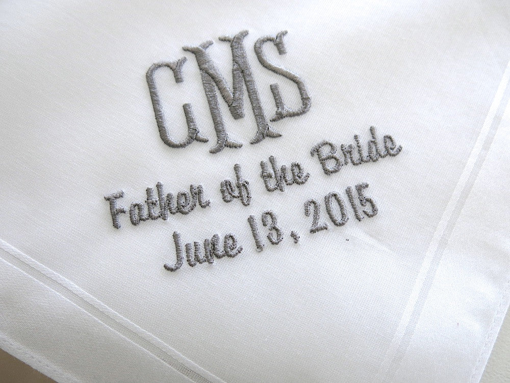Father of the Bride/Groom Handkerchief with 3 Initial Monogram, Title and Date