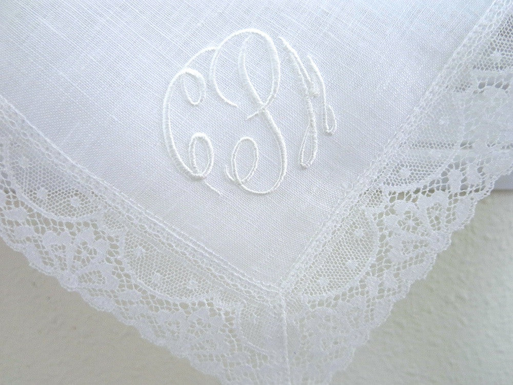 Irish Linen Lace Handkerchief with Classic 3 Initial Monogram