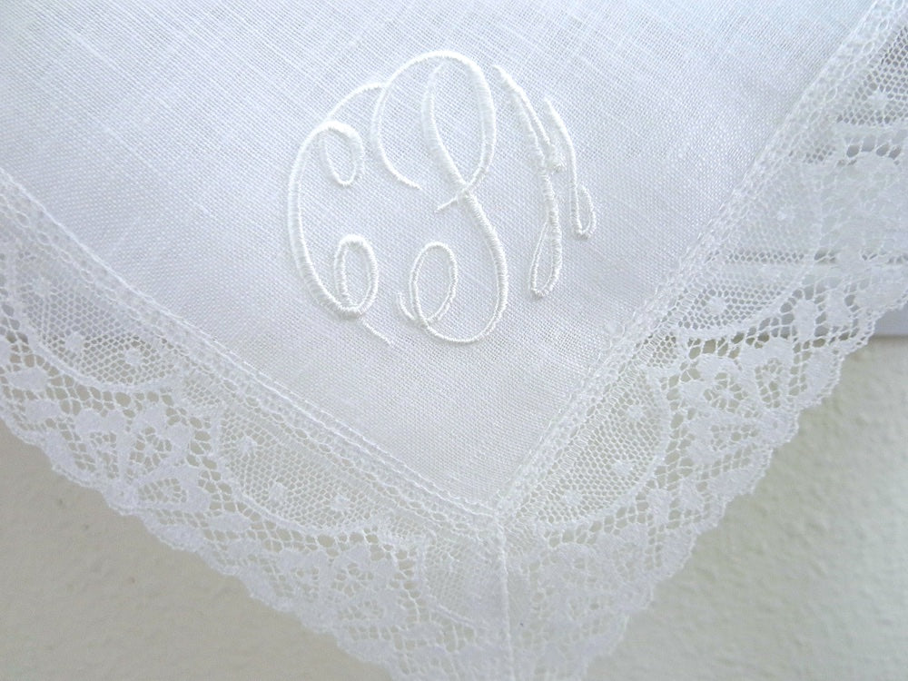 Irish Linen Lace Handkerchief with Classic 3 Initial Monogram and Wedding Date