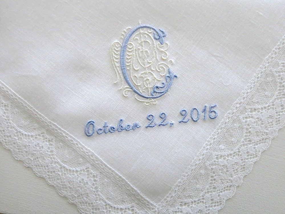 White Irish Linen Lace Handkerchief with Classic Zundt 1 Initial Monogram