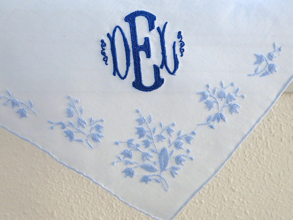 Blue Cotton Handkerchief with 3-Initial Monogram
