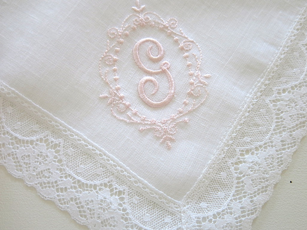 Irish Linen Lace Wedding Handkerchief with Princess Border Design 1 Initial Monogram