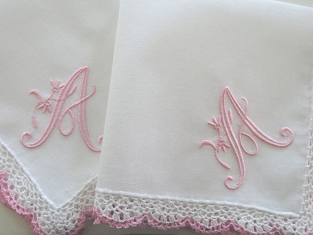 Wedding Handkerchief: Pink/White Crochet Lace Handkerchief with Peony Design 1 Initial Monogram