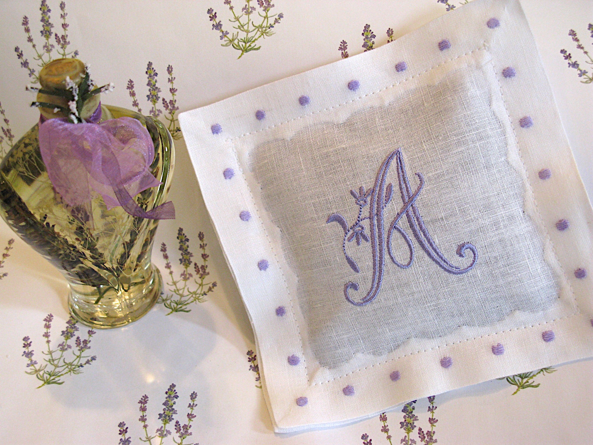 White with Lavender Color Swiss Dots Personalized Lavender Sachet Set of 2
