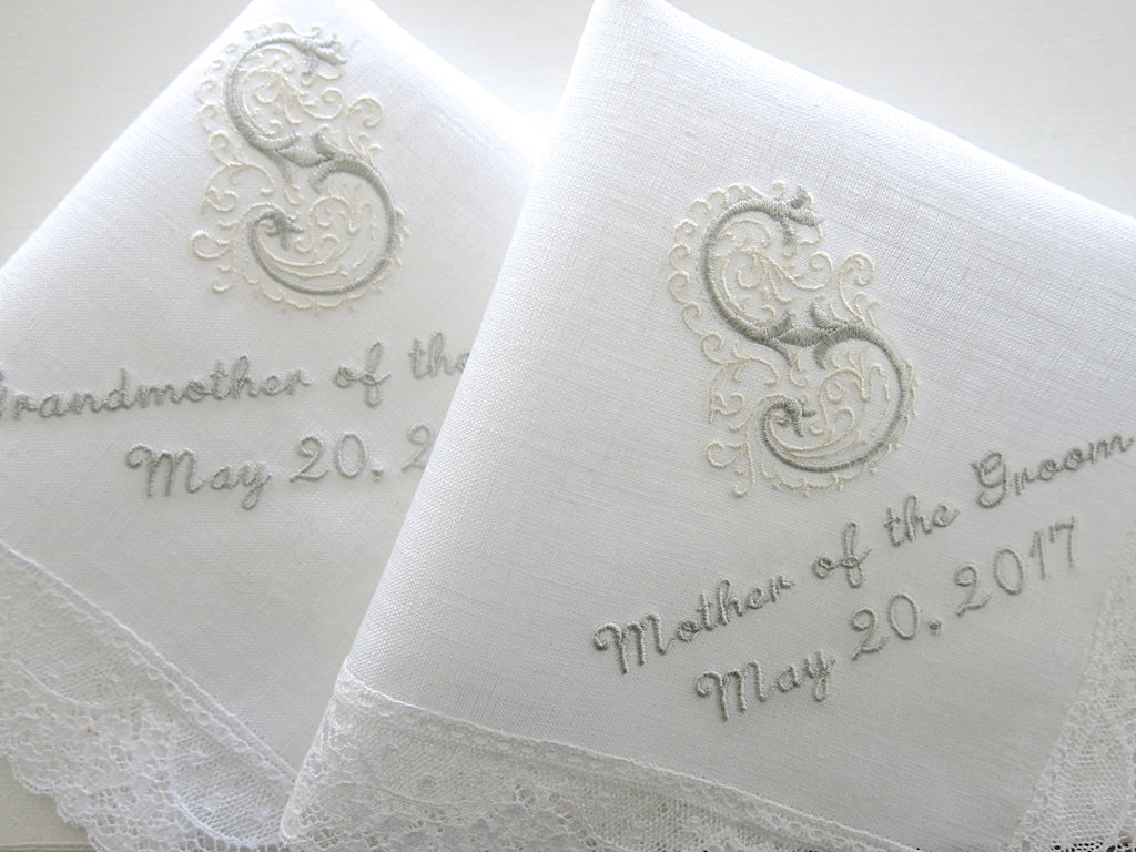 White Irish Linen Lace Handkerchief with Classic Zundt 1 Initial Monogram, Title and Date