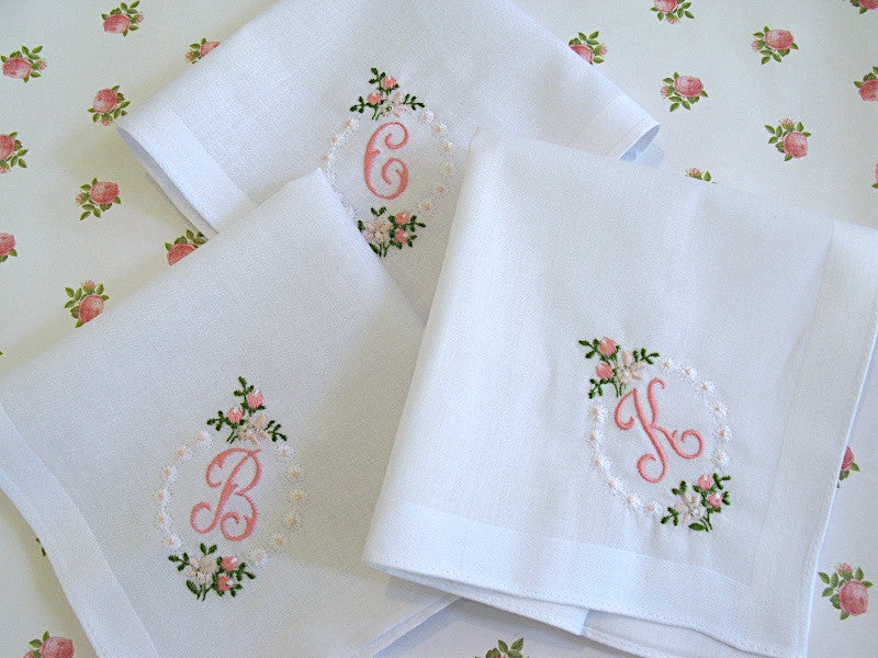 White Cotton Handkerchief with Pink 1 Initial and Rose