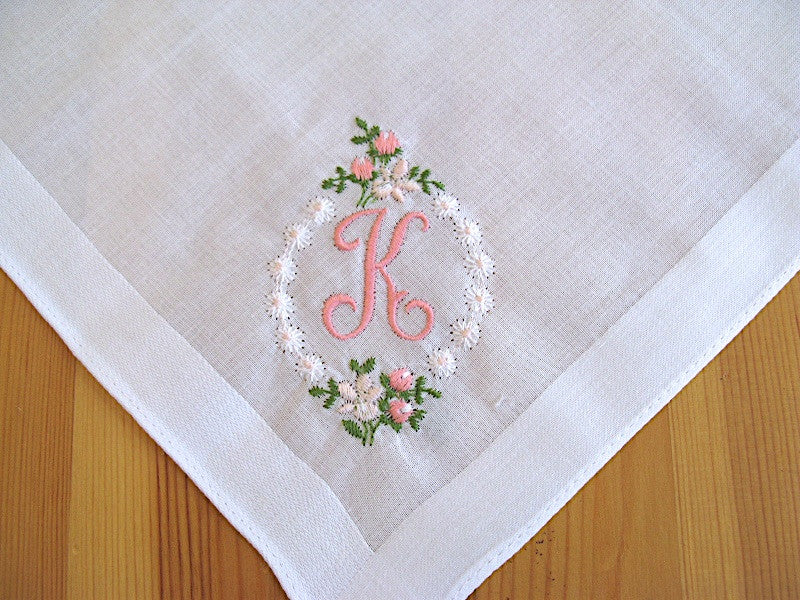 White Cotton Handkerchief with Pink 1 Initial and Rose Border