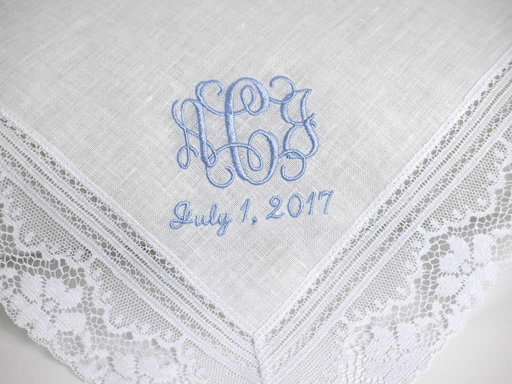 Irish Linen Lace Handkerchief with Interlocking Style 3 Initial Monogram