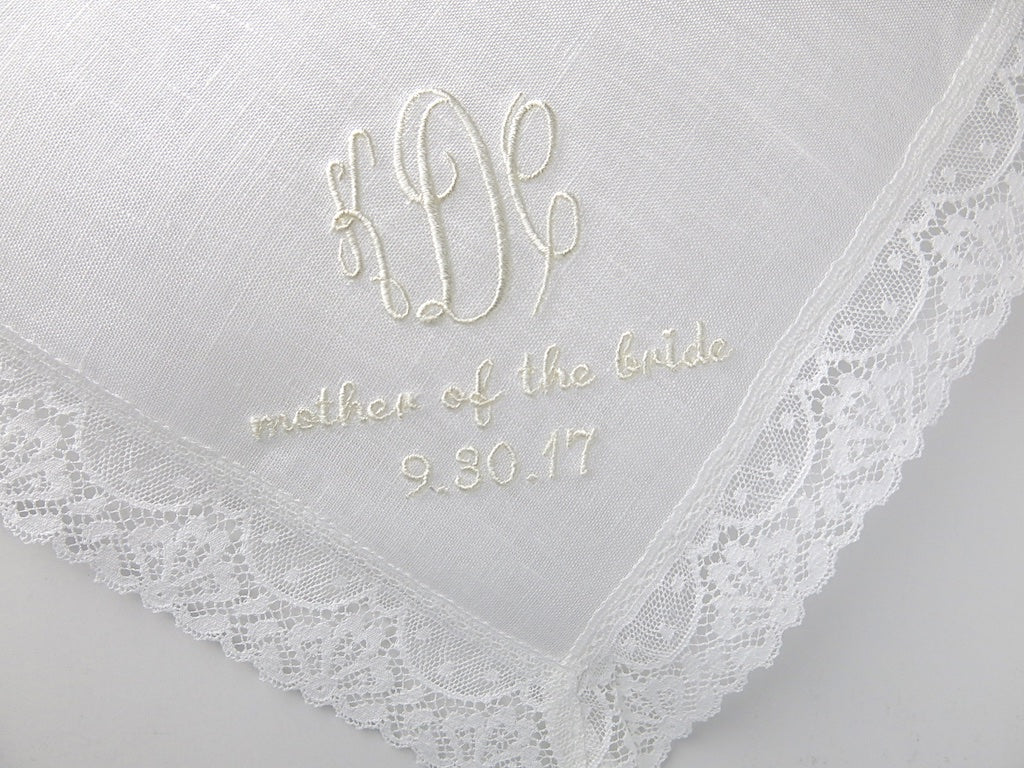 White Irish Linen Lace Handkerchief with 3 Initial Monogram, Mother of the Bride/Groom and Date