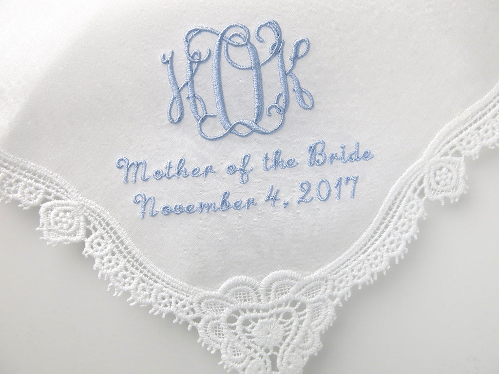 White Wedding Handkerchief with Interlocking 3 Initial Monogram for Mother of the Bride/groom