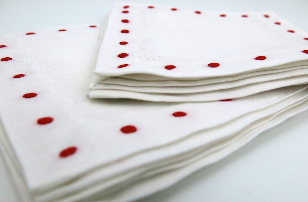 White Linen with Red Color Swiss Dots Embroidery Cocktail Napkins set