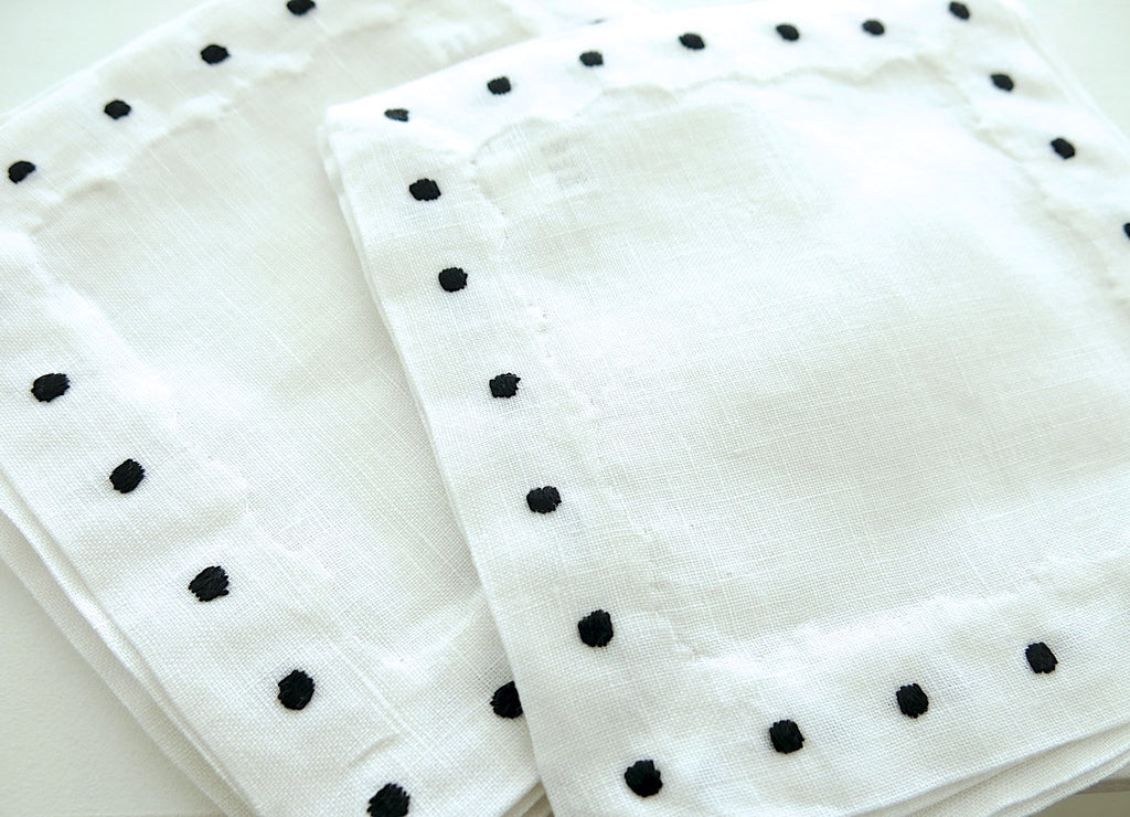 White Linen with Black Color Swiss Dots Embroidery Cocktail Napkins set