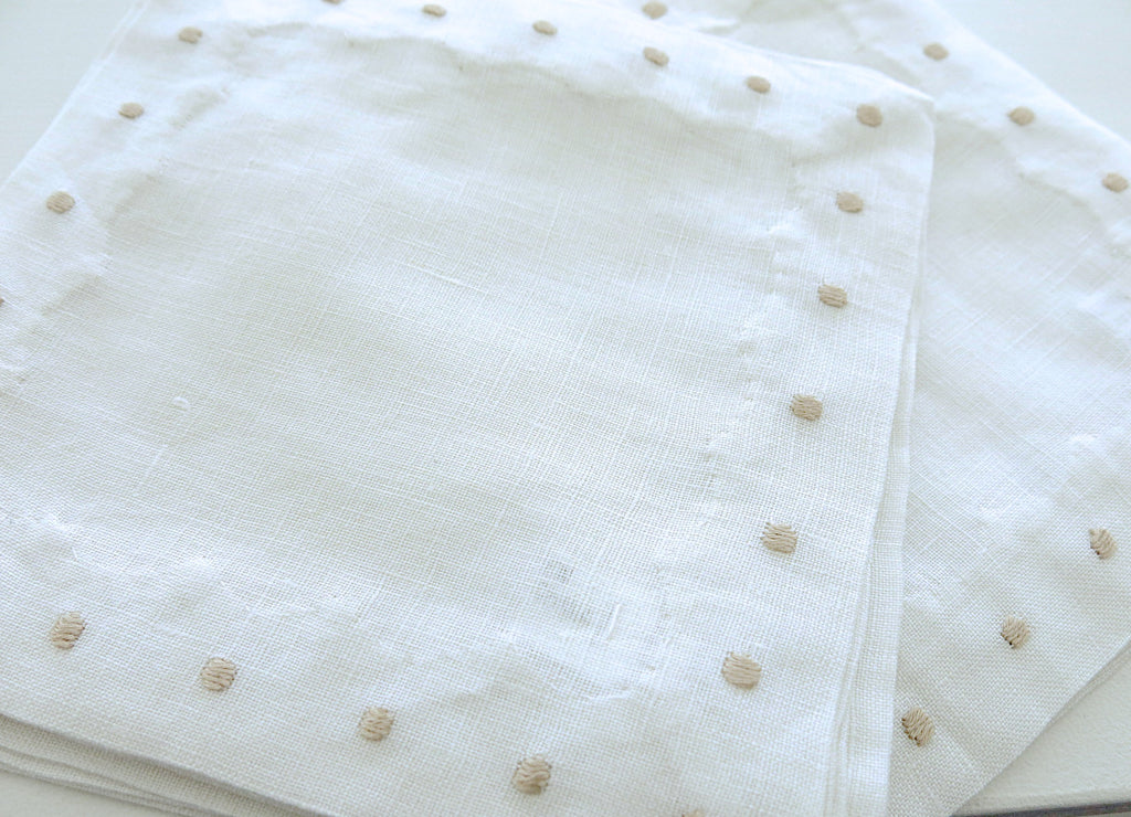 White Linen with Taupe Color Swiss Dots Embroidery Cocktail Napkins Set