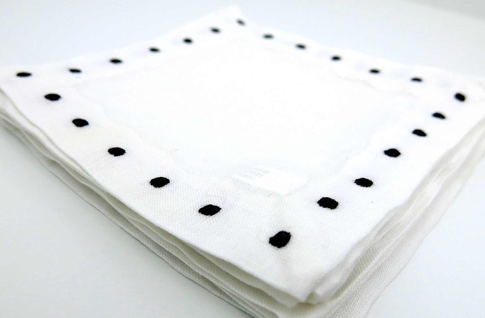 White Linen with Black Color Swiss Dots Embroidery Cocktail Napkins set
