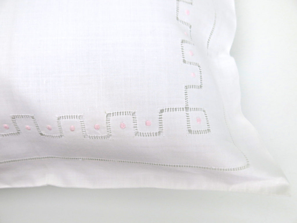 Linen Hemstitched with Pink Swiss Dots Baby Linen Pillow Sham, Set of 2
