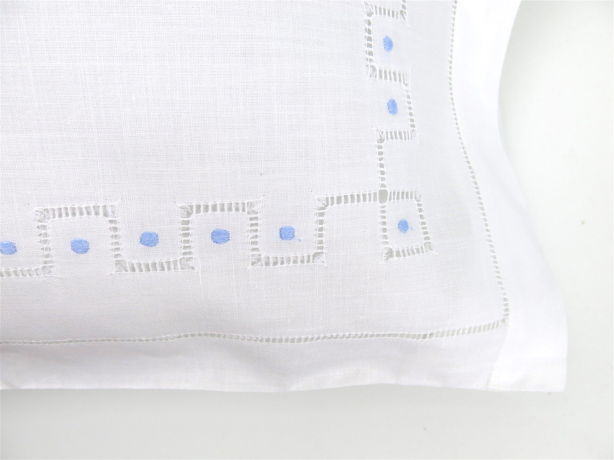 Linen Hemstitched with Blue Swiss Dots Baby Linen Pillow Sham, Set of 2