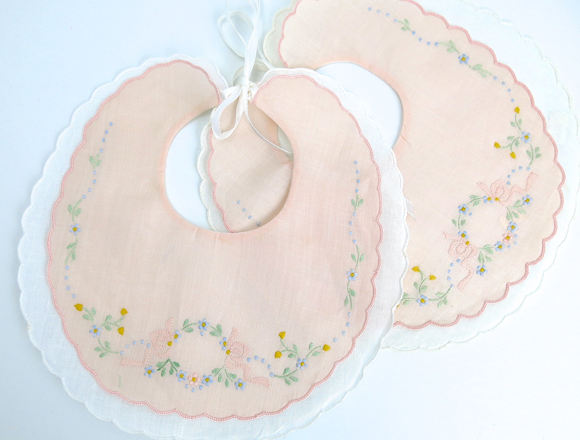 Peach Color Linen Baby Bib with Color Embroidery, set of 2