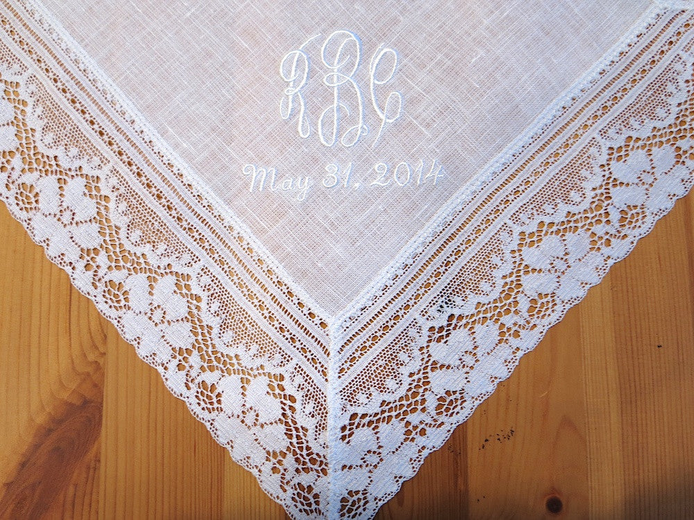 White Irish Daisy Lace Linen Handkerchief with Classic 3 Initial Monogram