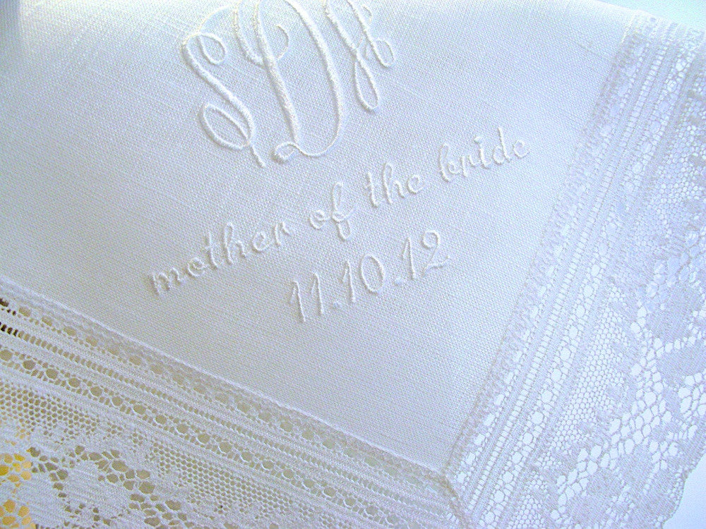 White Irish Linen Daisy Lace Handkerchief with 3 Initial Monogram, Mother of the Bride/Groom, Date