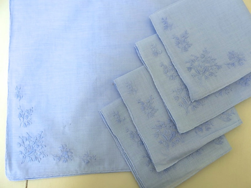 Set of 12 Blue Cotton Handkerchiefs with Corner Embroidery