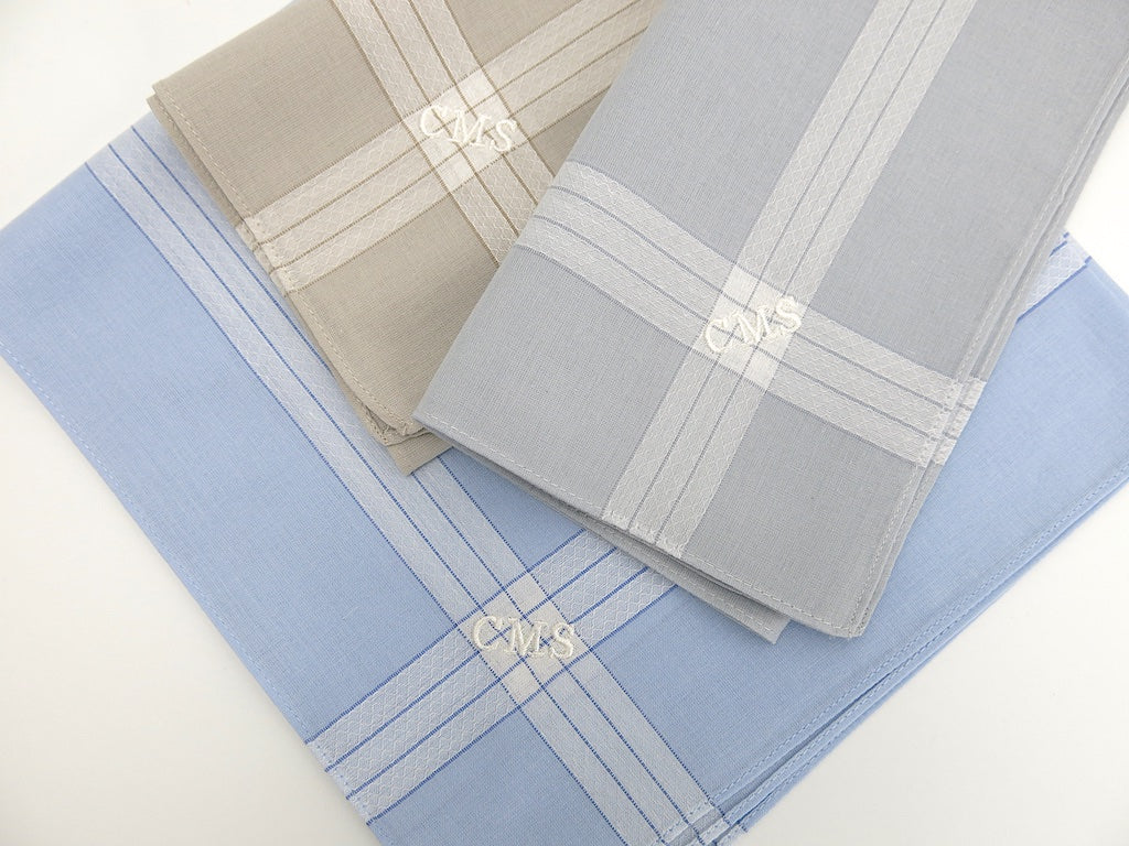 Set of 3 Assorted Color Fine Cotton Mens Handkerchiefs, Style No. 2049 with Monogram Style No. 3