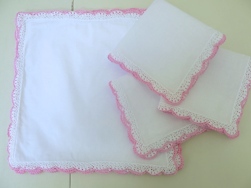 Set of 12 White Cotton Handkerchiefs with Pink/White Crochet Lace