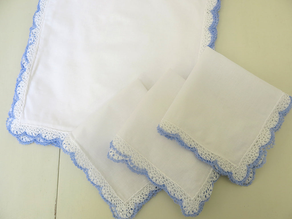 Set of 12 White Cotton Handkerchiefs with Blue/White Crochet Lace